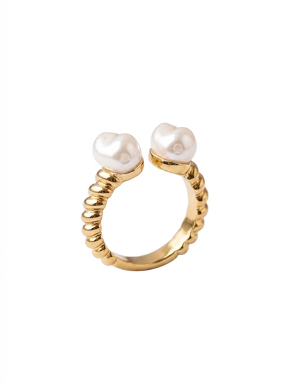 Shafaf Anti-Tarnish Double Pearl Ring for Women, Gold Plated Adjustable Statement Ring I Aesthetic Spiral Band Accessories for Gifting - 1pc