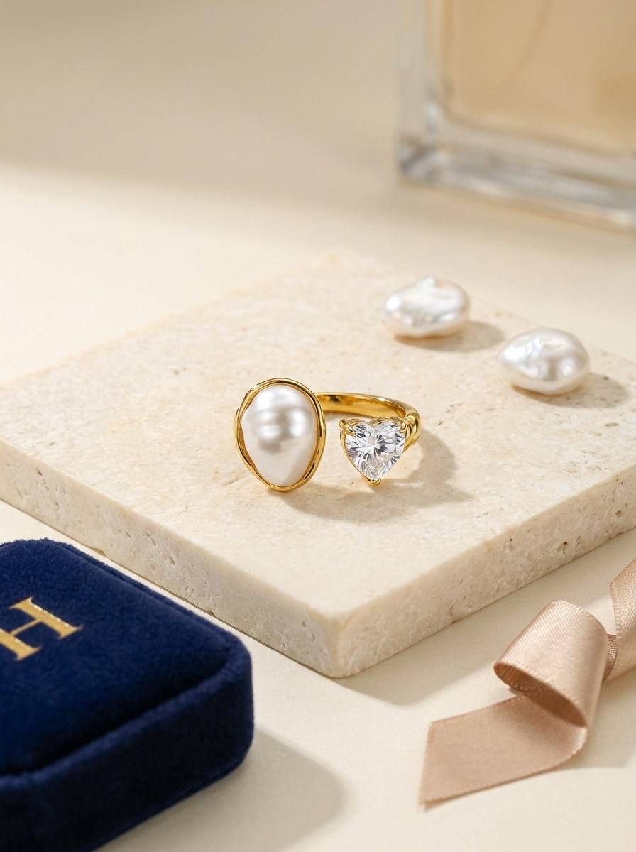 Shafaf Gold Plated Heart Cubic Zirconia and Shell Pearl Open Ring for Women I Adjustable Anti-Tarnish Toi et Moi Statement Ring, Romantic Heart Shaped Crystal Jewelry