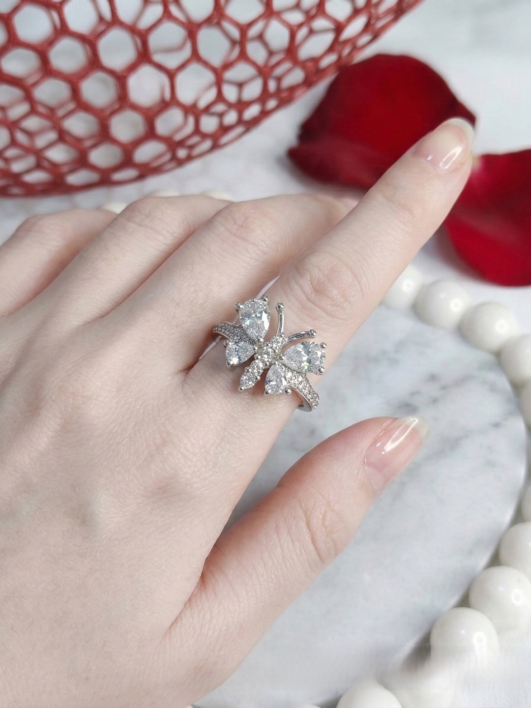 Shafaf Butterfly Ring for Women and Girls | Sparkling Pear-Cut American Diamond Inlaid Butterfly Wing Statement Ring