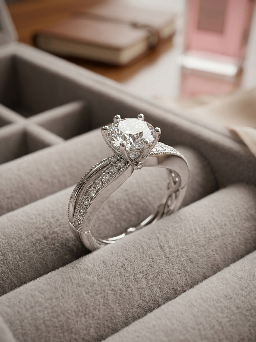 Shafaf Round American Diamond Ring, Silver-Toned, Six-Prong Setting with Pave Band