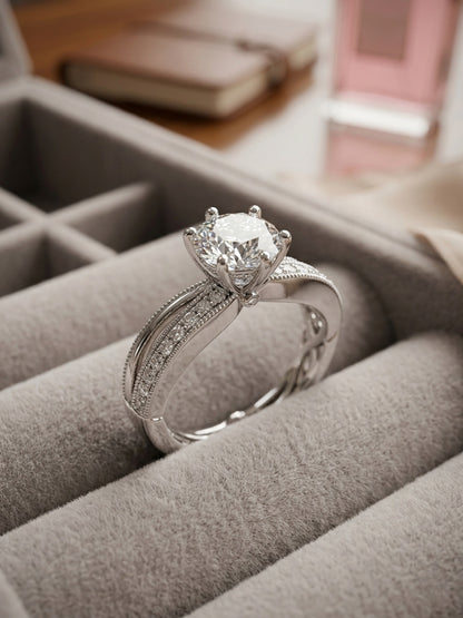 Shafaf Round American Diamond Ring, Silver-Toned, Six-Prong Setting with Pave Band